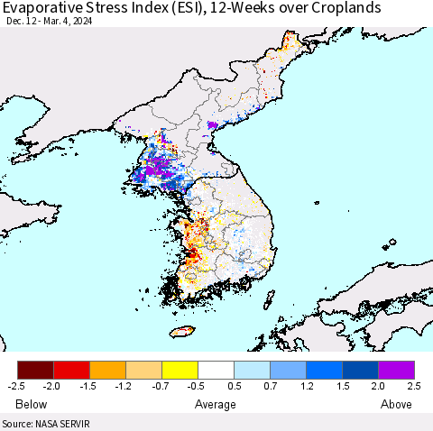 Korea Evaporative Stress Index (ESI), 12-Weeks over Croplands Thematic Map For 3/4/2024 - 3/10/2024