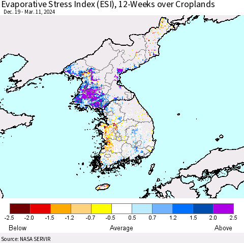 Korea Evaporative Stress Index (ESI), 12-Weeks over Croplands Thematic Map For 3/11/2024 - 3/17/2024