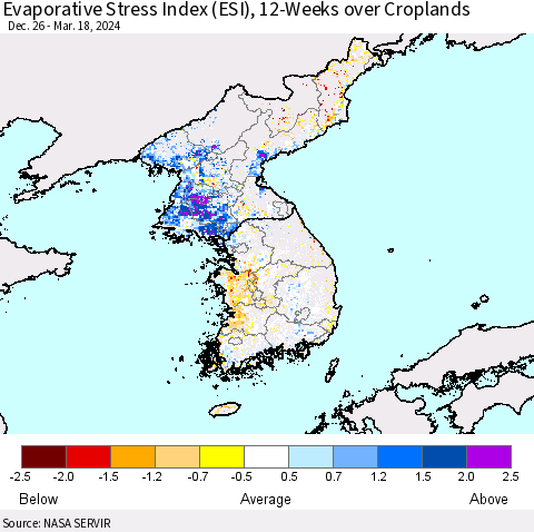 Korea Evaporative Stress Index (ESI), 12-Weeks over Croplands Thematic Map For 3/18/2024 - 3/24/2024