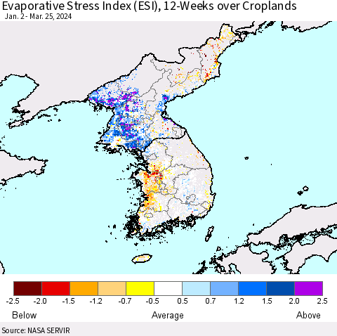Korea Evaporative Stress Index (ESI), 12-Weeks over Croplands Thematic Map For 3/25/2024 - 3/31/2024