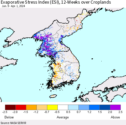 Korea Evaporative Stress Index (ESI), 12-Weeks over Croplands Thematic Map For 4/1/2024 - 4/7/2024