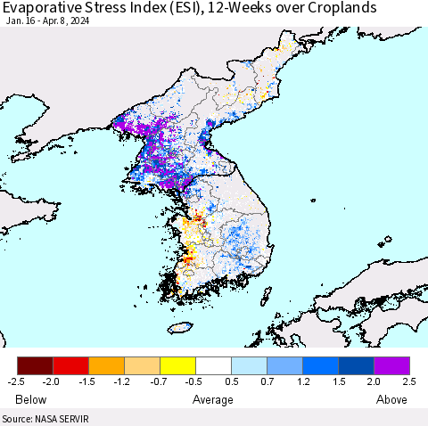 Korea Evaporative Stress Index (ESI), 12-Weeks over Croplands Thematic Map For 4/8/2024 - 4/14/2024