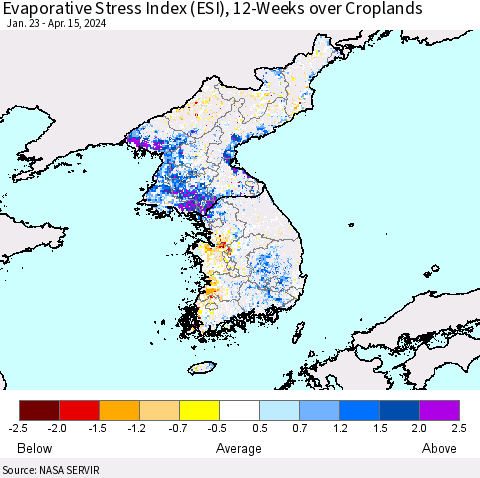 Korea Evaporative Stress Index (ESI), 12-Weeks over Croplands Thematic Map For 4/15/2024 - 4/21/2024