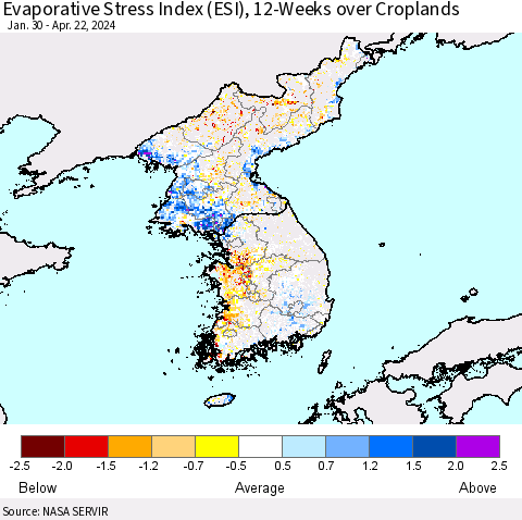 Korea Evaporative Stress Index (ESI), 12-Weeks over Croplands Thematic Map For 4/22/2024 - 4/28/2024