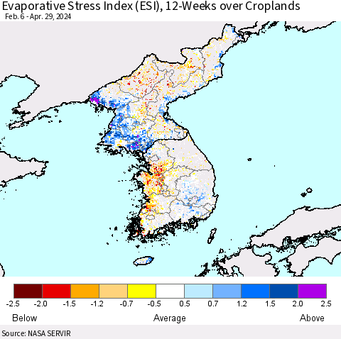 Korea Evaporative Stress Index (ESI), 12-Weeks over Croplands Thematic Map For 4/29/2024 - 5/5/2024