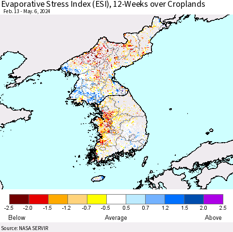Korea Evaporative Stress Index (ESI), 12-Weeks over Croplands Thematic Map For 5/6/2024 - 5/12/2024
