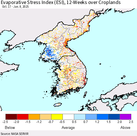 Korea Evaporative Stress Index (ESI), 12-Weeks over Croplands Thematic Map For 1/6/2025 - 1/12/2025