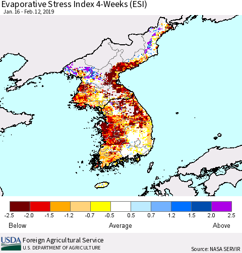 Korea Evaporative Stress Index (ESI), 4-Weeks Thematic Map For 2/11/2019 - 2/17/2019