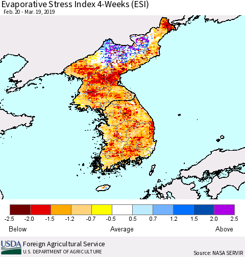 Korea Evaporative Stress Index (ESI), 4-Weeks Thematic Map For 3/18/2019 - 3/24/2019