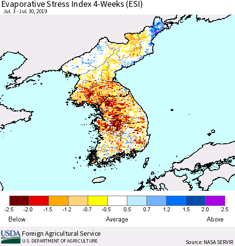 Korea Evaporative Stress Index (ESI), 4-Weeks Thematic Map For 7/29/2019 - 8/4/2019