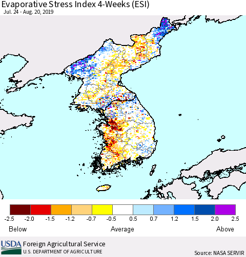Korea Evaporative Stress Index (ESI), 4-Weeks Thematic Map For 8/19/2019 - 8/25/2019