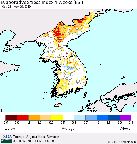 Korea Evaporative Stress Index (ESI), 4-Weeks Thematic Map For 11/18/2019 - 11/24/2019