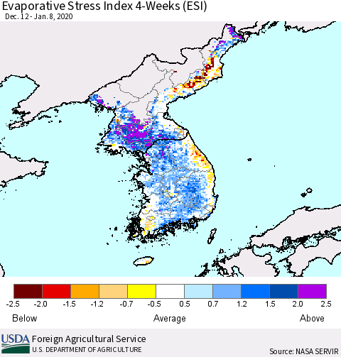 Korea Evaporative Stress Index (ESI), 4-Weeks Thematic Map For 1/6/2020 - 1/12/2020