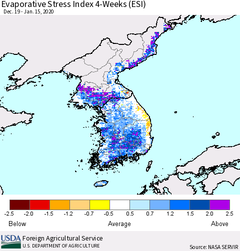 Korea Evaporative Stress Index (ESI), 4-Weeks Thematic Map For 1/13/2020 - 1/19/2020