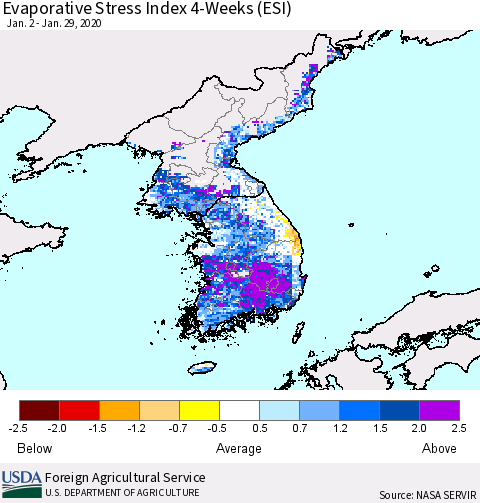 Korea Evaporative Stress Index (ESI), 4-Weeks Thematic Map For 1/27/2020 - 2/2/2020