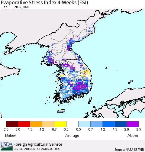 Korea Evaporative Stress Index (ESI), 4-Weeks Thematic Map For 2/3/2020 - 2/9/2020