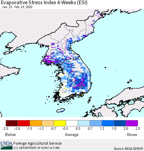 Korea Evaporative Stress Index (ESI), 4-Weeks Thematic Map For 2/17/2020 - 2/23/2020