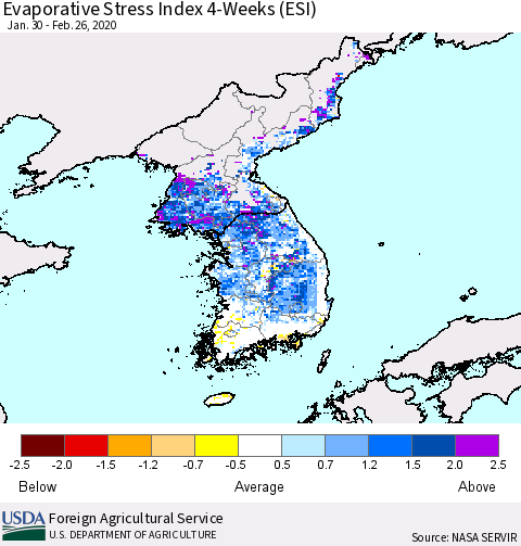 Korea Evaporative Stress Index (ESI), 4-Weeks Thematic Map For 2/24/2020 - 3/1/2020