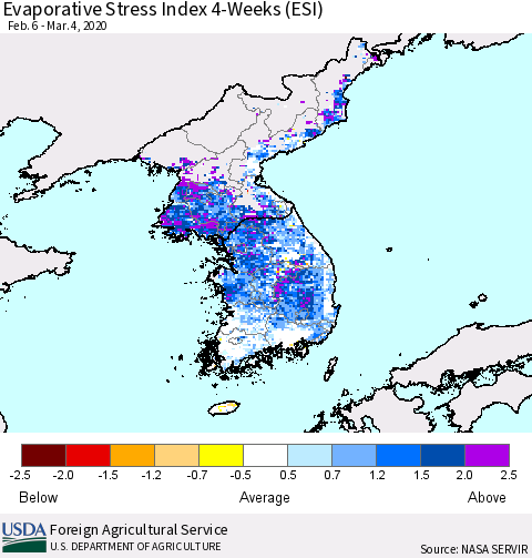 Korea Evaporative Stress Index (ESI), 4-Weeks Thematic Map For 3/2/2020 - 3/8/2020
