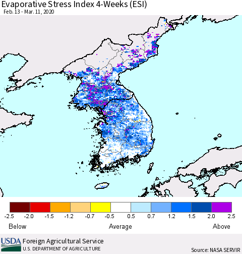 Korea Evaporative Stress Index (ESI), 4-Weeks Thematic Map For 3/9/2020 - 3/15/2020
