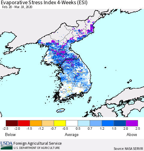 Korea Evaporative Stress Index (ESI), 4-Weeks Thematic Map For 3/16/2020 - 3/22/2020