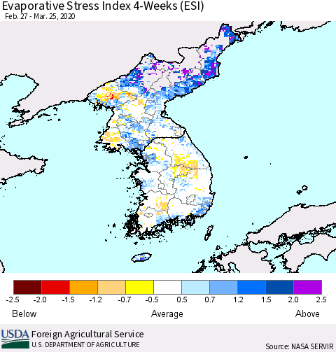 Korea Evaporative Stress Index (ESI), 4-Weeks Thematic Map For 3/23/2020 - 3/29/2020