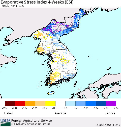 Korea Evaporative Stress Index (ESI), 4-Weeks Thematic Map For 3/30/2020 - 4/5/2020