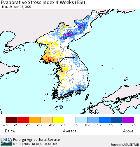 Korea Evaporative Stress Index (ESI), 4-Weeks Thematic Map For 4/13/2020 - 4/19/2020