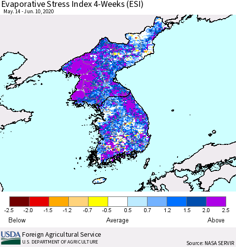 Korea Evaporative Stress Index (ESI), 4-Weeks Thematic Map For 6/8/2020 - 6/14/2020