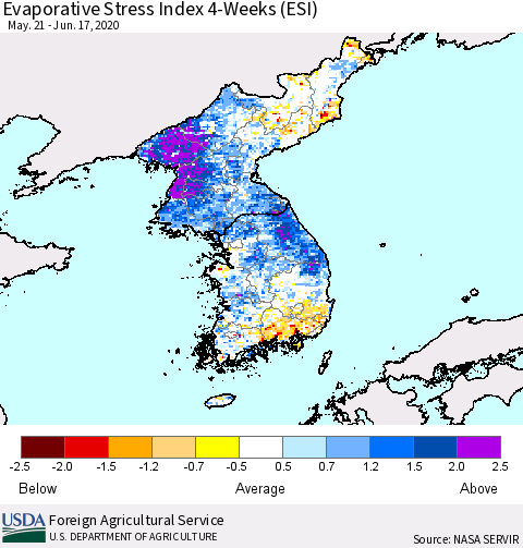 Korea Evaporative Stress Index (ESI), 4-Weeks Thematic Map For 6/15/2020 - 6/21/2020