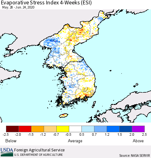 Korea Evaporative Stress Index (ESI), 4-Weeks Thematic Map For 6/22/2020 - 6/28/2020