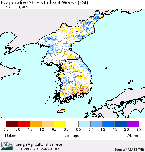 Korea Evaporative Stress Index (ESI), 4-Weeks Thematic Map For 6/29/2020 - 7/5/2020