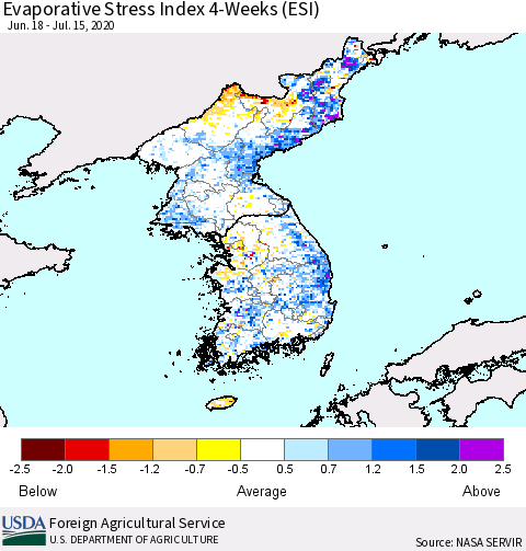 Korea Evaporative Stress Index (ESI), 4-Weeks Thematic Map For 7/13/2020 - 7/19/2020