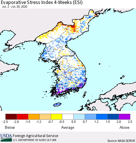 Korea Evaporative Stress Index (ESI), 4-Weeks Thematic Map For 7/27/2020 - 8/2/2020
