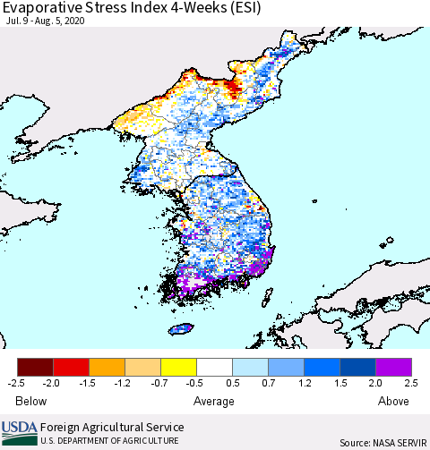 Korea Evaporative Stress Index (ESI), 4-Weeks Thematic Map For 8/3/2020 - 8/9/2020