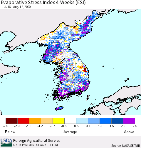 Korea Evaporative Stress Index (ESI), 4-Weeks Thematic Map For 8/10/2020 - 8/16/2020