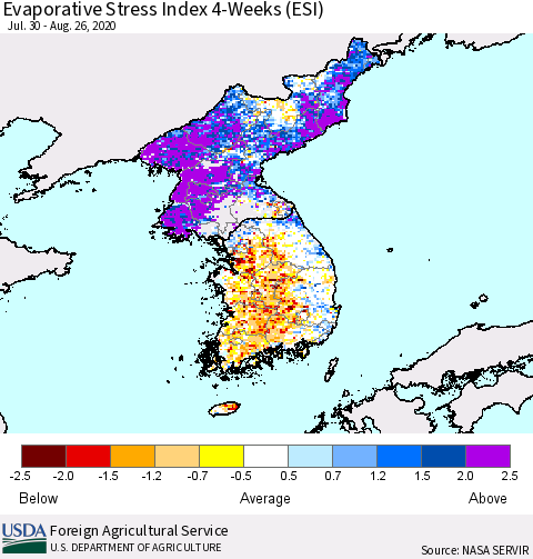 Korea Evaporative Stress Index (ESI), 4-Weeks Thematic Map For 8/24/2020 - 8/30/2020