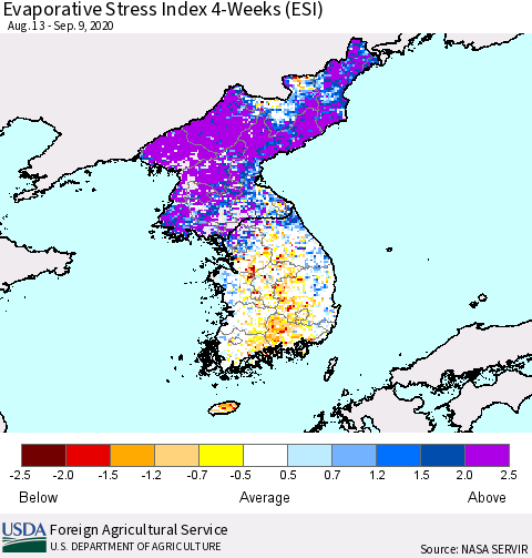 Korea Evaporative Stress Index (ESI), 4-Weeks Thematic Map For 9/7/2020 - 9/13/2020