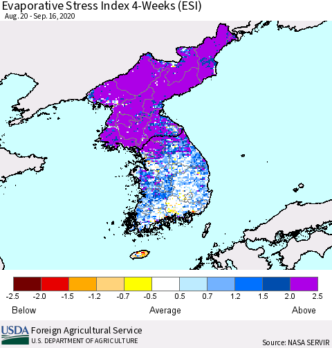 Korea Evaporative Stress Index (ESI), 4-Weeks Thematic Map For 9/14/2020 - 9/20/2020