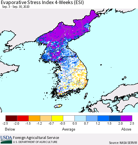 Korea Evaporative Stress Index (ESI), 4-Weeks Thematic Map For 9/28/2020 - 10/4/2020
