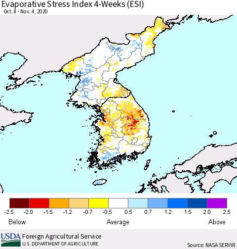 Korea Evaporative Stress Index (ESI), 4-Weeks Thematic Map For 11/2/2020 - 11/8/2020