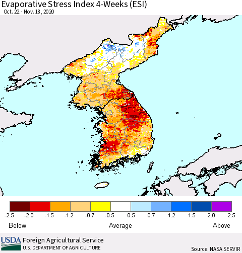 Korea Evaporative Stress Index (ESI), 4-Weeks Thematic Map For 11/16/2020 - 11/22/2020