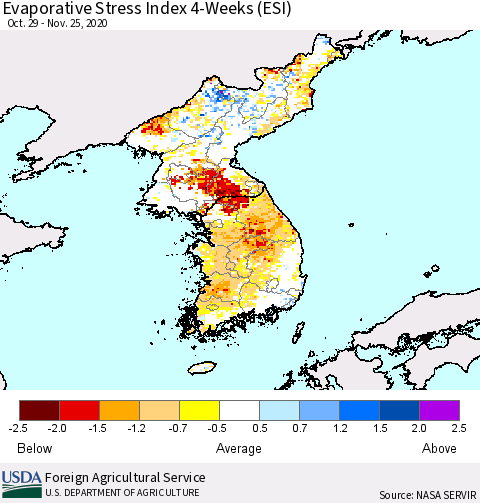 Korea Evaporative Stress Index (ESI), 4-Weeks Thematic Map For 11/23/2020 - 11/29/2020