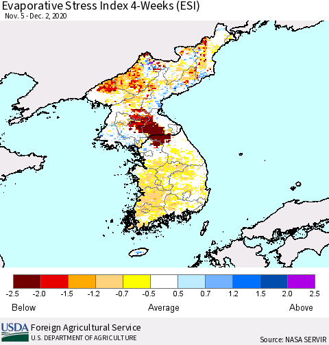 Korea Evaporative Stress Index (ESI), 4-Weeks Thematic Map For 11/30/2020 - 12/6/2020