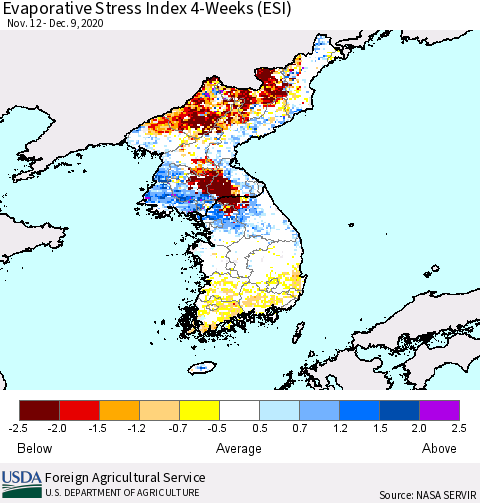 Korea Evaporative Stress Index (ESI), 4-Weeks Thematic Map For 12/7/2020 - 12/13/2020