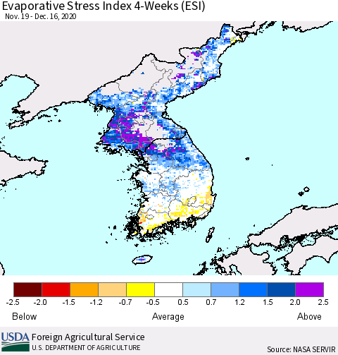 Korea Evaporative Stress Index (ESI), 4-Weeks Thematic Map For 12/14/2020 - 12/20/2020