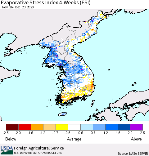 Korea Evaporative Stress Index (ESI), 4-Weeks Thematic Map For 12/21/2020 - 12/27/2020