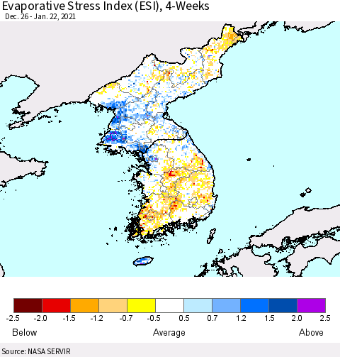 Korea Evaporative Stress Index (ESI), 4-Weeks Thematic Map For 1/18/2021 - 1/24/2021