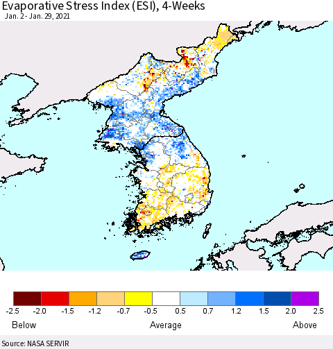Korea Evaporative Stress Index (ESI), 4-Weeks Thematic Map For 1/25/2021 - 1/31/2021