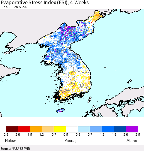Korea Evaporative Stress Index (ESI), 4-Weeks Thematic Map For 2/1/2021 - 2/7/2021